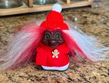 Dam Troll 3” Brown / Black Christmas Girl. O.O.A.K. Wool Hair & Glass Eyes.