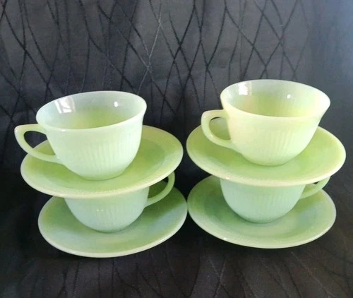 Cup Saucer Tea Coffee Green Jane Ray Jadeite Fire King Lot of 4 Complete Setting
