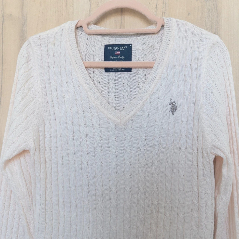 Suéter tejido con cable US Polo Assn para mujer talla L rosa claro cuello en V Preppy Academia Foto 2 de 4