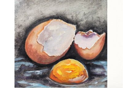 Original Oil Painting on Canvas panel 15x15cm Cracked Egg Still Life Small  Art