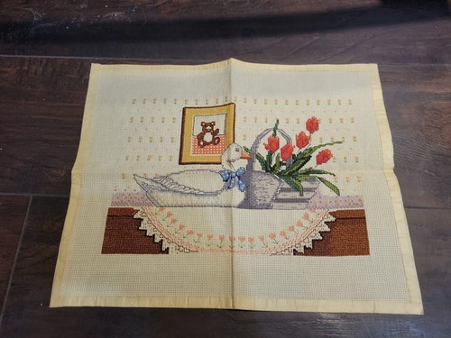 Vtg Duck Tulip Teddy Bear Needlework Art Embroidery Cross Stitch COMPLETED EUC - Picture 2 of 5