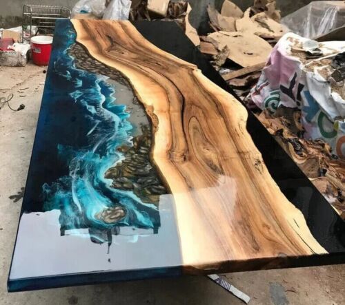Epoxy Table Tops Black and Blue Ocean Beach Living Room Furniture, Free Shipping - Picture 1 of 10