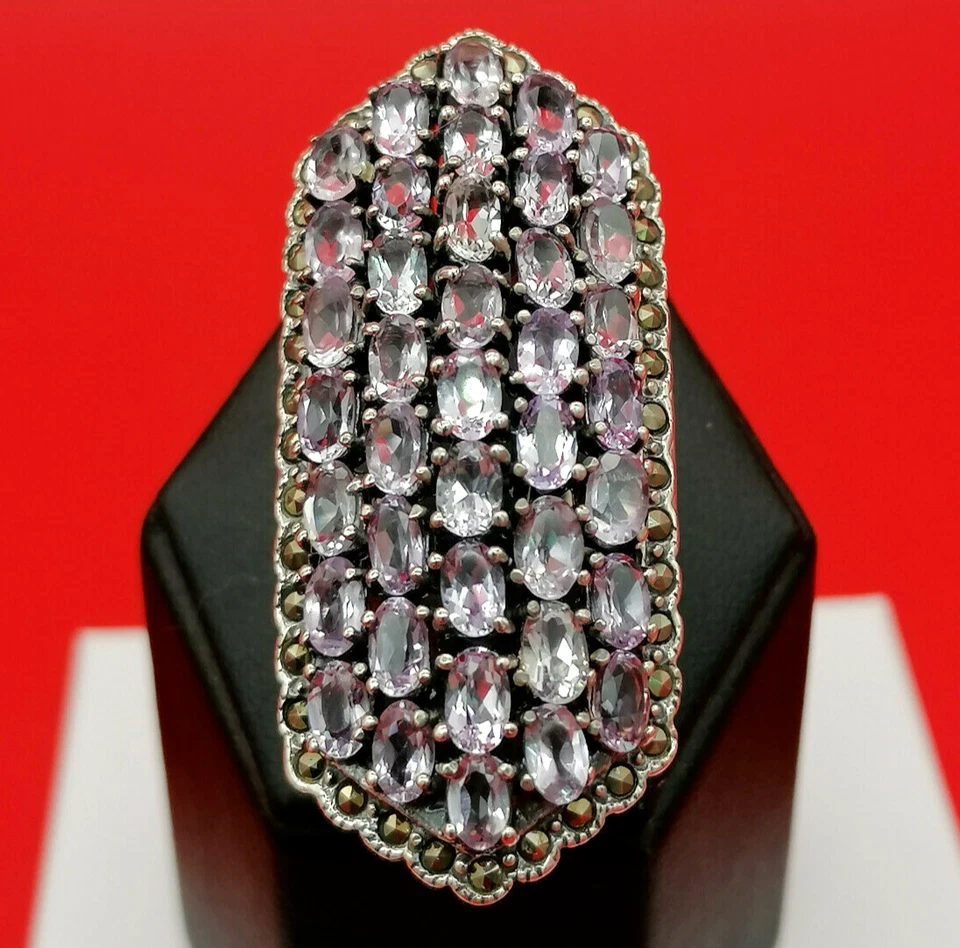 anello a fascia grande da donna argento 925 bianco ametista viola marchesite - Immagine 3 di 4