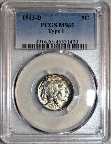 PCGS MS-65 1913-D Type 1 Buffalo Nickel, Cartwheeling, Iridescent Toned Gem!