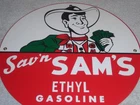 VINTAGE SAV'N SAM'S ETHYL GASOLINE COWBOY MONEY 11 3/4" PORCELAIN METAL OIL SIGN