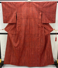 Japanese Vintage Kimono Silk Red No Lining Tumugi Drit Traditional Length 61 in