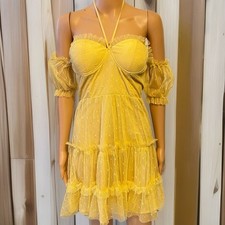 Women MiniDress Sz S Yellow Lace Sheer Cottage Core Coquette Fairy Sexy Romantic