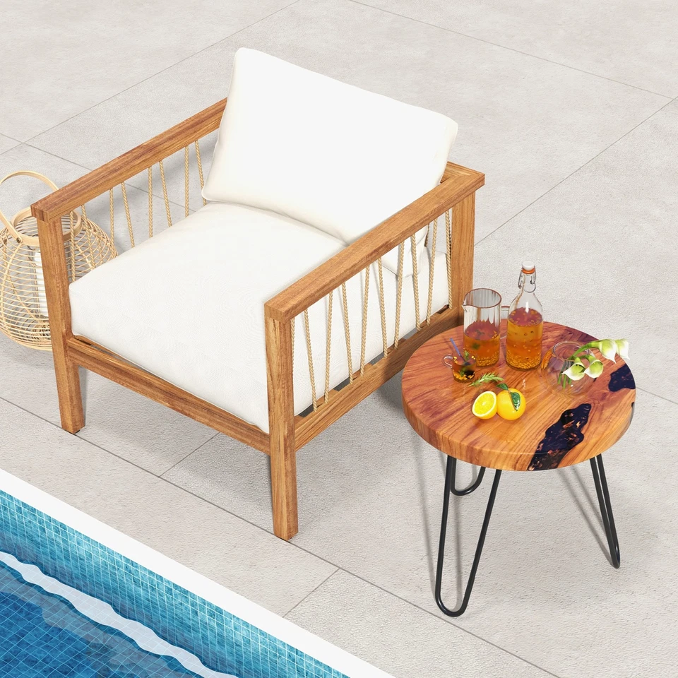 20" Round Teak Wood End Table Solid Live Edge Outdoor Side Table w/Metal Frame - Image 4 of 4