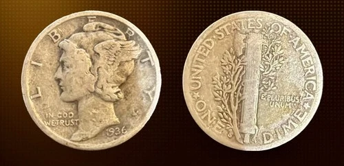 1936 S Mercury Dime circulated 90% Silver Fine (F) lower mintage. Nice coin!