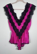 Vintage Hot Pink Black Lace Romper Teddy Made USA 80s 90s Lingerie Nylon Large