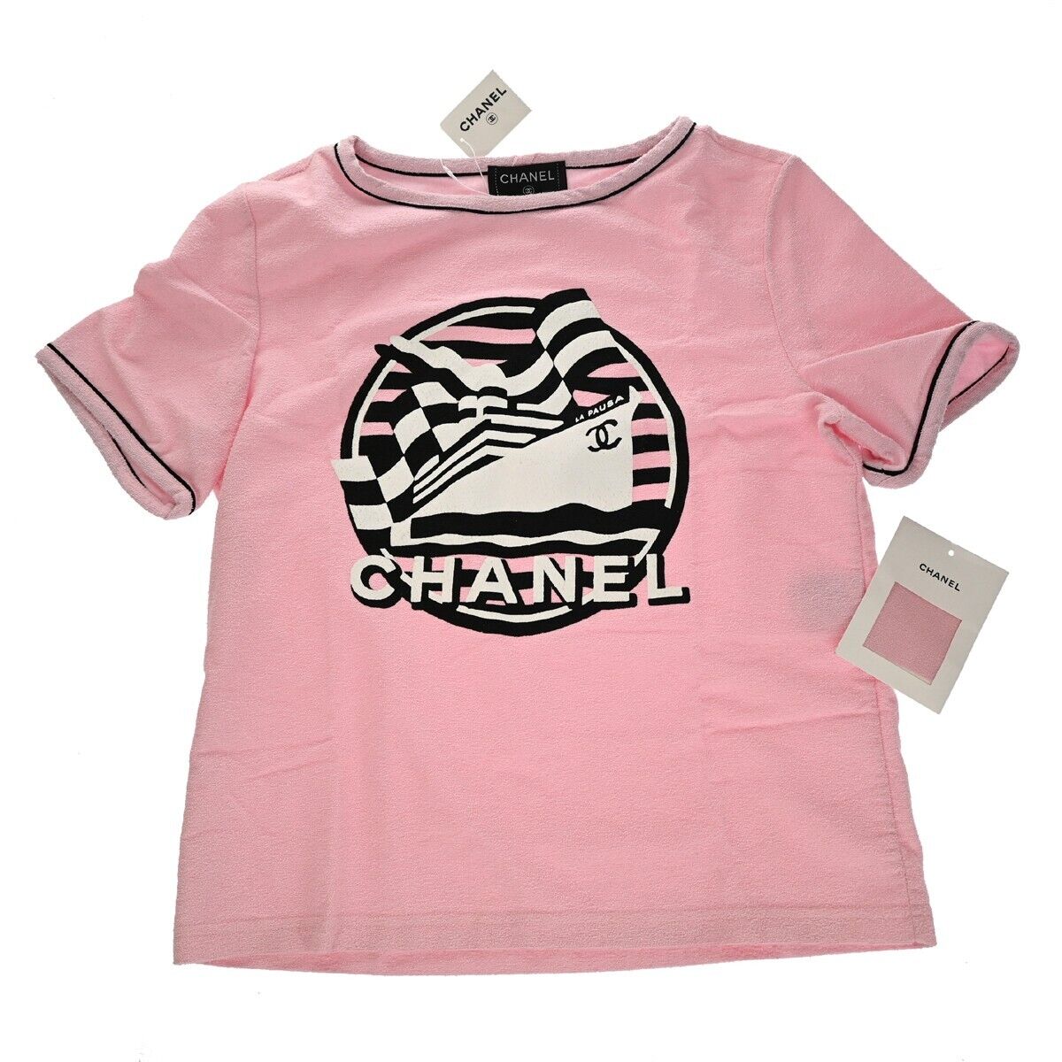 Chanel 19C LA PAUSA PINK Ecru Striped CC LOGO TOP FR40-FR38