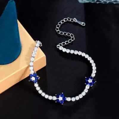 6 Ct Simulated Sapphire 925 White Sterling Silver Fancy Floral Tennis Bracelet