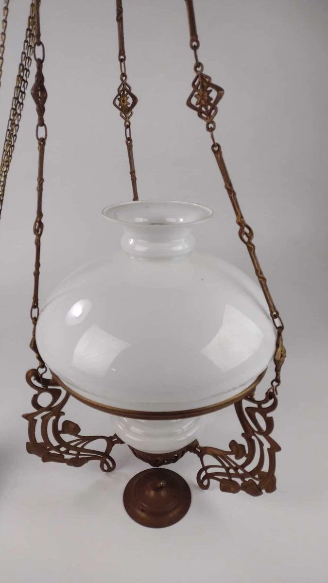 Antique Hanging Brass Oil Lamp Chandelier Art Nouveau adj height Ideal Brenner
