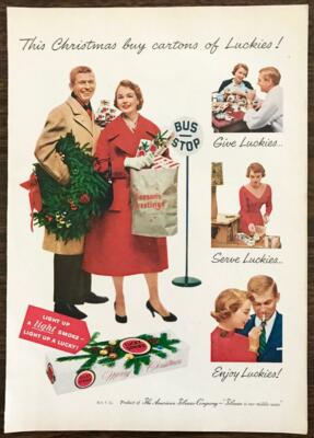 1957 Lucky Strike Cigarettes Holiday Print Ad Give Serve Enjoy Luckies Couple