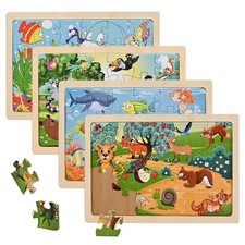 4 Packs 24 Pcs Wooden Jigsaw Puzzles For Kids Educational Animals Game Toy