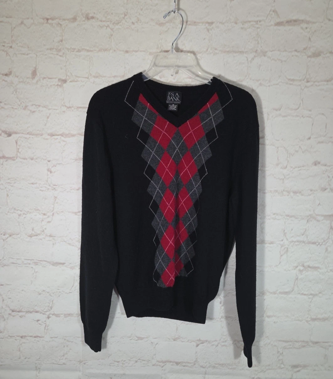 Jos A Bank Sweater Mens Medium Black Red Gray Argyle Lambswool V Neck Pullover