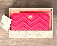 NWT Anne Klein Women's Quilted Slim Zip Wristlet Wallet In Bright Hibiscus Pink