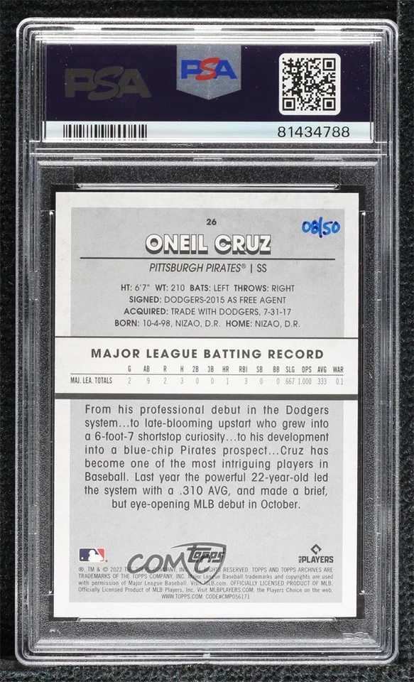 2022 Topps Archives Snapshots Blue Border /50 Oneil Cruz PSA 10 GEM MT Rookie RC - Image 2 of 2