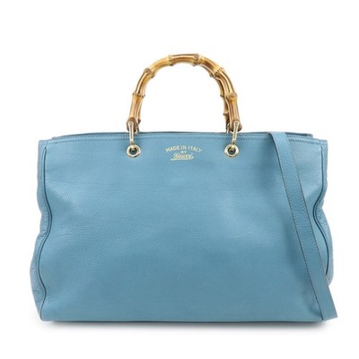 GUCCI Bamboo Shopper Large Leather Tote Bag 2Way Bag Blue 323658