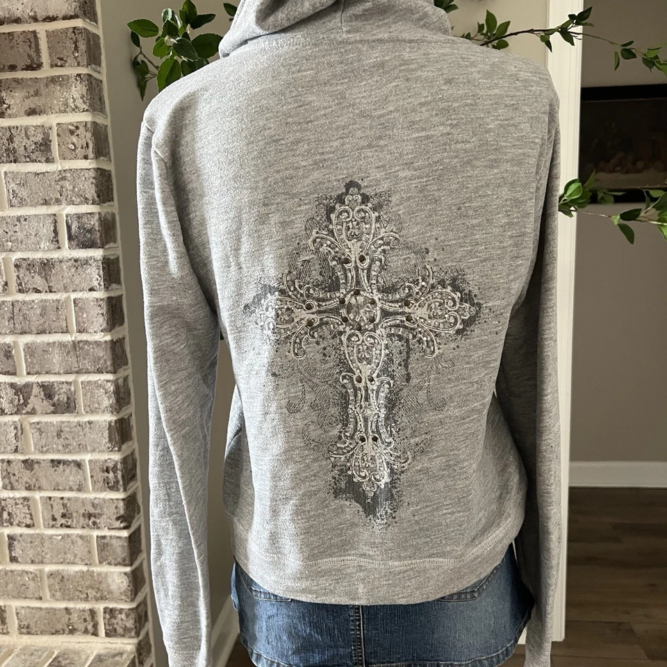 Miss Me Rhinestone Cross Hoodie Gray Zip Up Sweatshirt Women’s Medium USA - Image 2 of 4