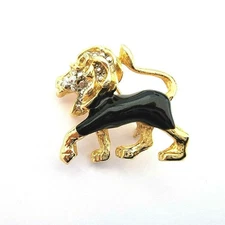 Vintage Black Enamel Lion Brooch Gold Tone Figural Pin Rhinestone Eyes Statement
