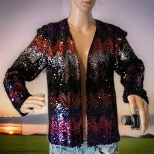 Coppola Shop VTG 70's sequin zig zag open cardigan jacket Disco S M Halloween