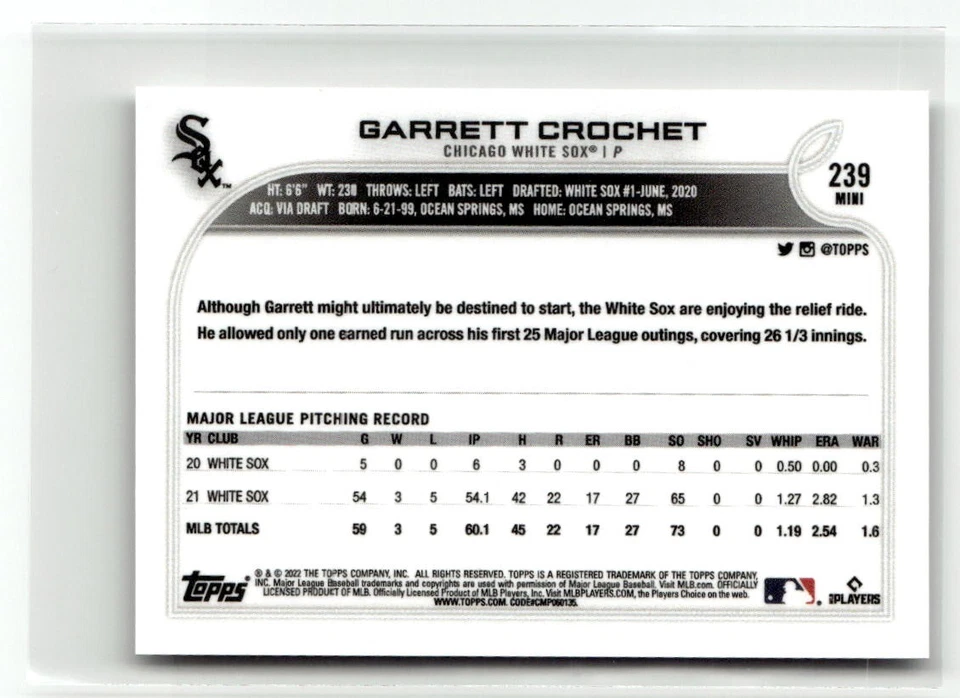 2022 Topps Mini #239 Garrett Crochet - Image 2 of 2