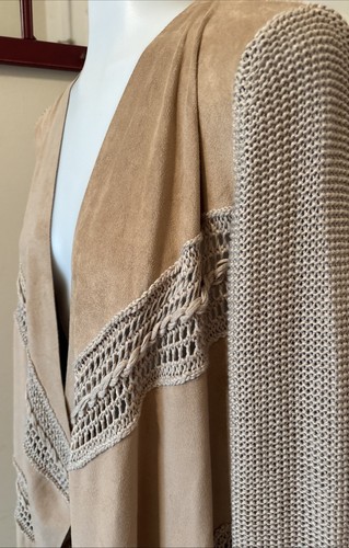 INC Faux Suede Tan Open Front Fringe Hem Knit Cardigan Womens M Western Boho - Picture 3 of 13