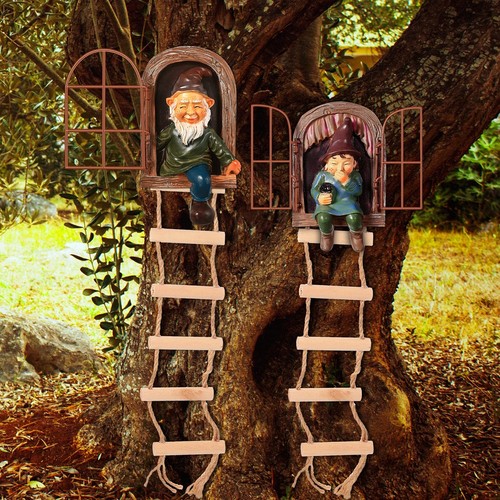 4 Pieces Garden Gnomes Outdoor Tree Hugger Gnome Fairy Statue Elf Out The Doo...