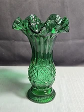 Vintage Fenton Emerald Green Glass Vase Jamestown 1950 Double Ruffled Edge 9" 