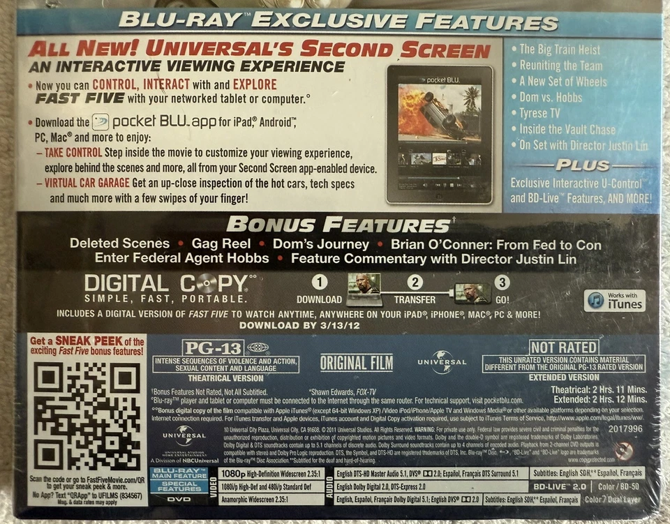 Fast Five Extended Edition Sealed Blu-Ray+DVD+Digital Copy (Universal) - Image 3 of 3