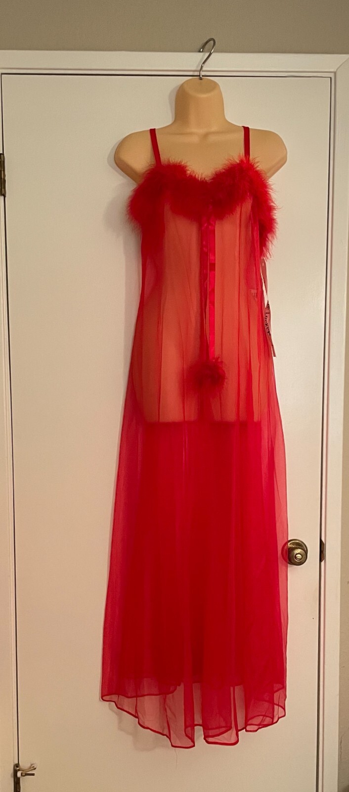 Vtg Long CHIFFON Nightgown STRING BIKINI Panty Set MARABOU FEATHERS