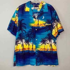 Vintage Shoreline Hawaii Blue Beach Sunset Cotton Button Up Shirt Men's Size XL