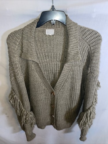 Dee Elly Womens Fringe Arm Cardigan Size Medium Tan Cozy Comfort Button