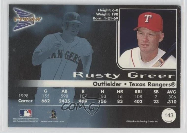 1999 Pacific Prism Holographic Blue /80 Rusty Greer #143 - Image 2 of 2