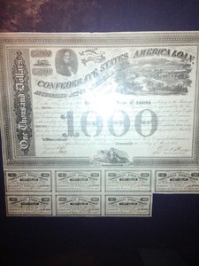 Confederate States of America $1000 Bond 1861-1864 w/ Coupons & COA