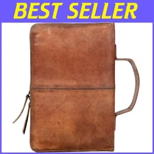 Elegant Light Brown Leather Planner Cover with Handle & Multiple Storage Options