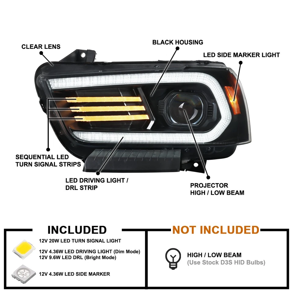 Fits 2011-2014 Dodge Charger Black HID Type LED DRL Projector Headlights Lamps — 第 3/4 张图片
