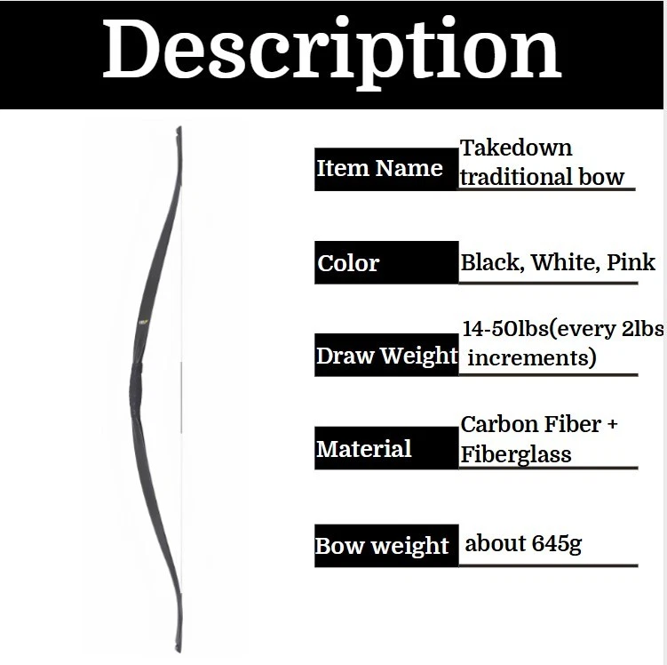 59" Takedown Traditional Longbow Carbon 14-50lbs Archery Bow Hunting ET-16