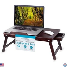 Bamboo Laptop Bed Tray with Adjustable Tilt, Foldable Legs  Storage Drawer