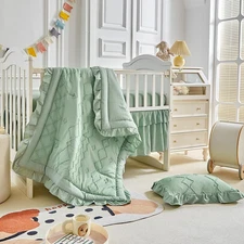 AIKASY The Ruffled Shabby Crib Bedding Set for Girls, Baby Crib, Green