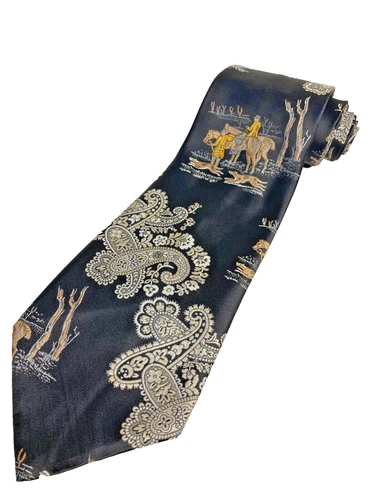 Vintage Necktie 70's Swing Wide Neck Tie Paisley Cowboy With Horse Brown