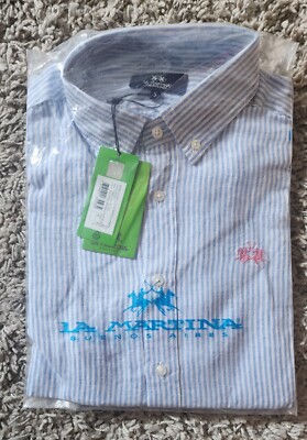 La Martina YMC031 TL 132 Hemd Herrenhemd Leinehemd Blau Weiß Shirt Gr. Small Neu