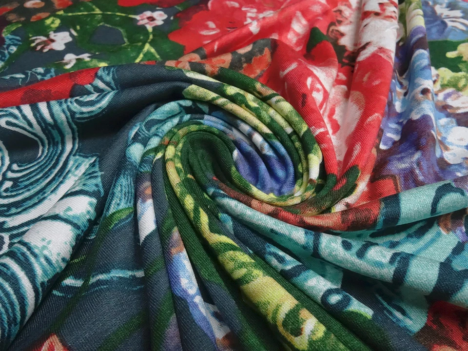 ☻ Stoff Ital. Designer Jersey Blumen Borden Druck dunkelgrün petrol bunt ☻ - Bild 3 von 4