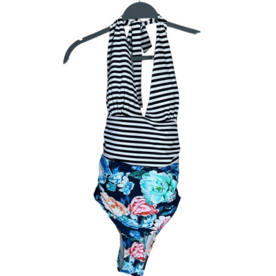 CUPSHE One-Piece Swim Suit Floral Stripes Deep V Halter Style Open Back Size L