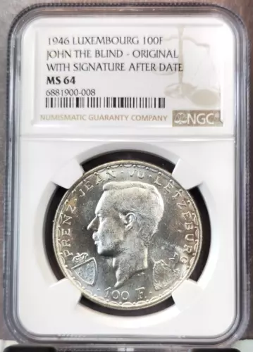 1946 LUXEMBOURG SILVER 100 FRANCS JOHN THE BLIND NGC MS 64 BRIGHT BU BEAUTY