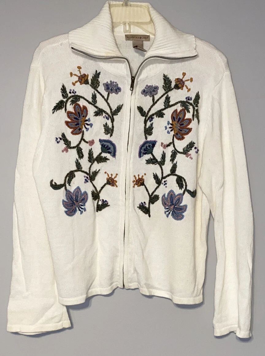 Vintage Women's Mountain Lake Floral Embroidered Full Zip