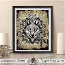 Dream catcher Print on Antique Dictionary Book Page Wolf Print Picture Decor