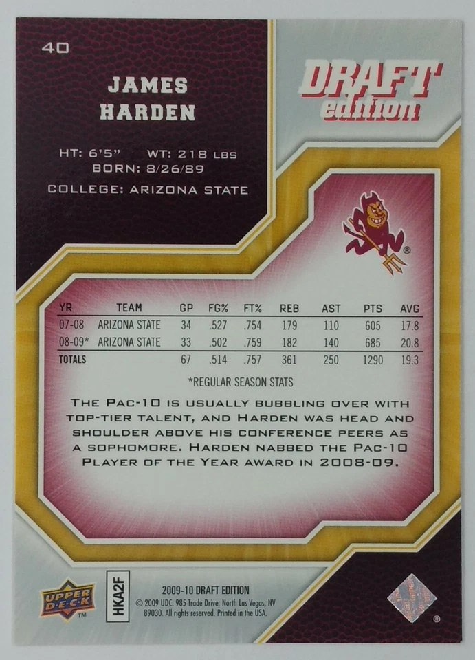 2009-10 Upper Deck Draft Edition JAMES HARDEN RC Rookie #40, Rockets - Image 3 of 4