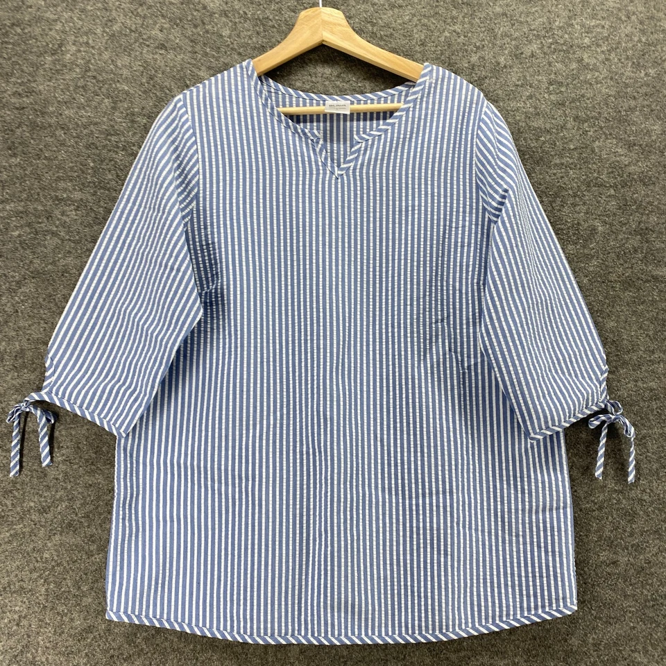 Blair 衬衫女式 L 大号蓝色条纹 V 领 3/4 袖棉质休闲套衫 — 第 4/4 张图片